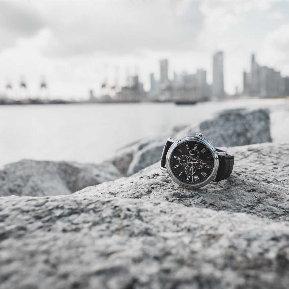 ARIES GOLD URBAN KENSINGTON SILVER STAINLESS STEEL G 101 S-BK BLACK LEATHER STRAP MEN'S WATCH - H2 Hub Watches
