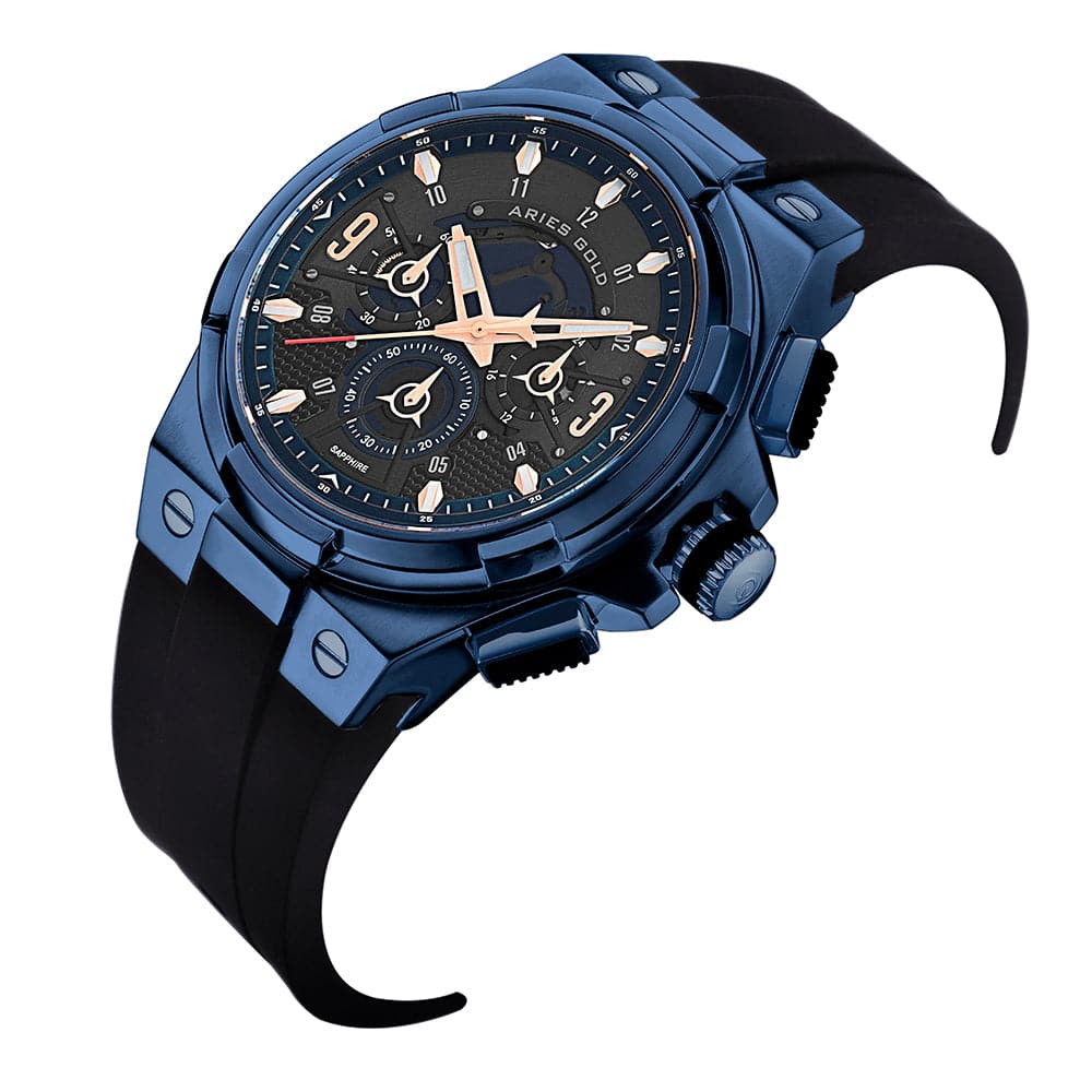 ARIES GOLD ANALOG LIGHTNING BLUE STAINLESS STEEL G 7016 BU-BURG BLACK RUBBER STRAP MEN'S WATCH - H2 Hub Watches