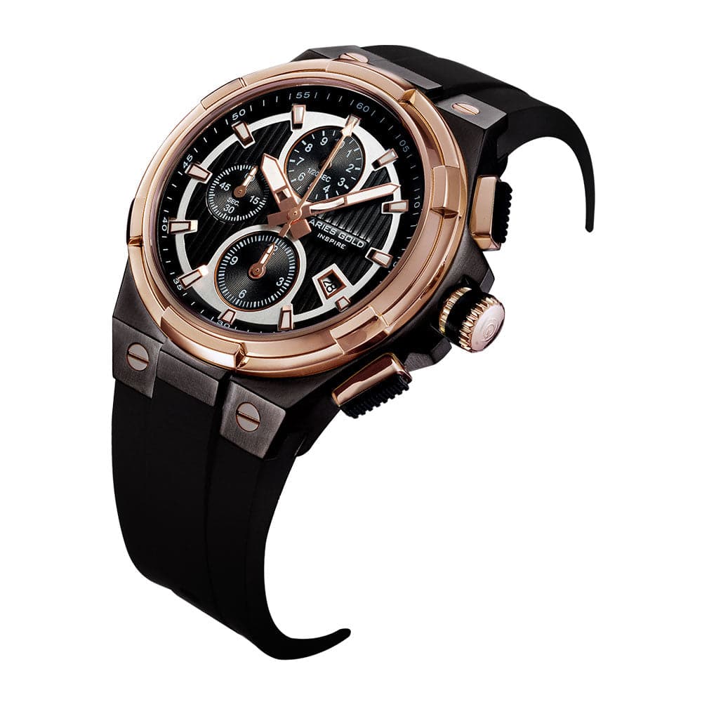ARIES GOLD KING TWO-TONE STAINLESS STEEL G 7311 BKRG-BKRG HI-TECH BLACK SYNTHETIC STRAP MEN'S WATCH - H2 Hub Watches