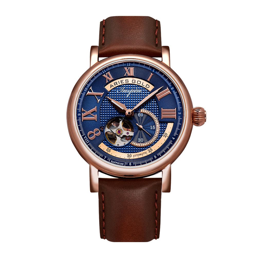 ARIES GOLD AUTOMATIC INSPIRE GAUNTLET VINTAGE ROSE GOLD STAINLESS STEEL G 903A RG-BU BROWN LEATHER STRAP MEN'S WATCH - H2 Hub Watches