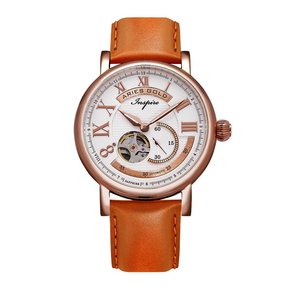 ARIES GOLD AUTOMATIC INSPIRE GAUNTLET VINTAGE ROSE GOLD STAINLESS STEEL G 903A RG-W ORANGE LEATHER STRAP MEN'S WATCH - H2 Hub Watches