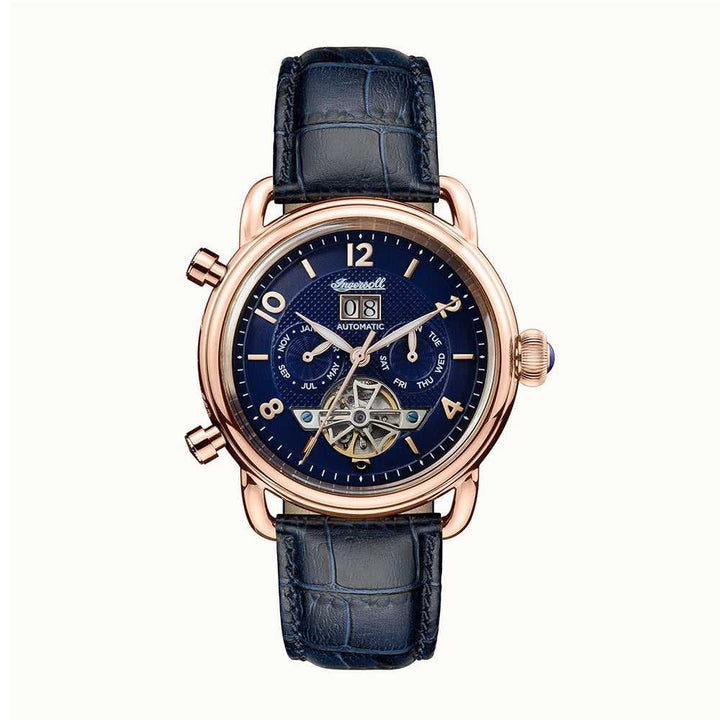 Ingersoll The New England Automatic Gold Stainless Steel I00902 Blue Leather Strap Men's Watch - H2 Hub Watches