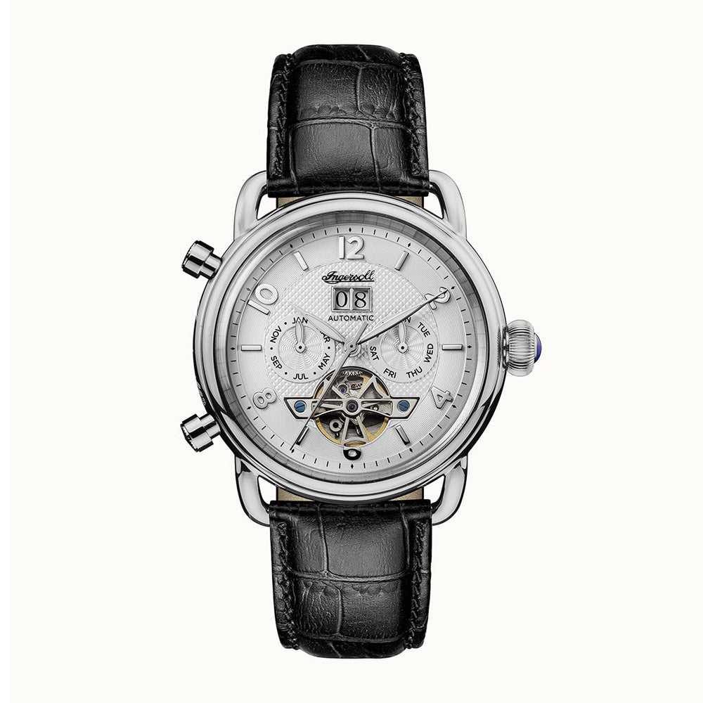 Ingersoll The New England Automatic Silver Stainless Steel I00903 Black Leather Strap Men's Watch - H2 Hub Watches
