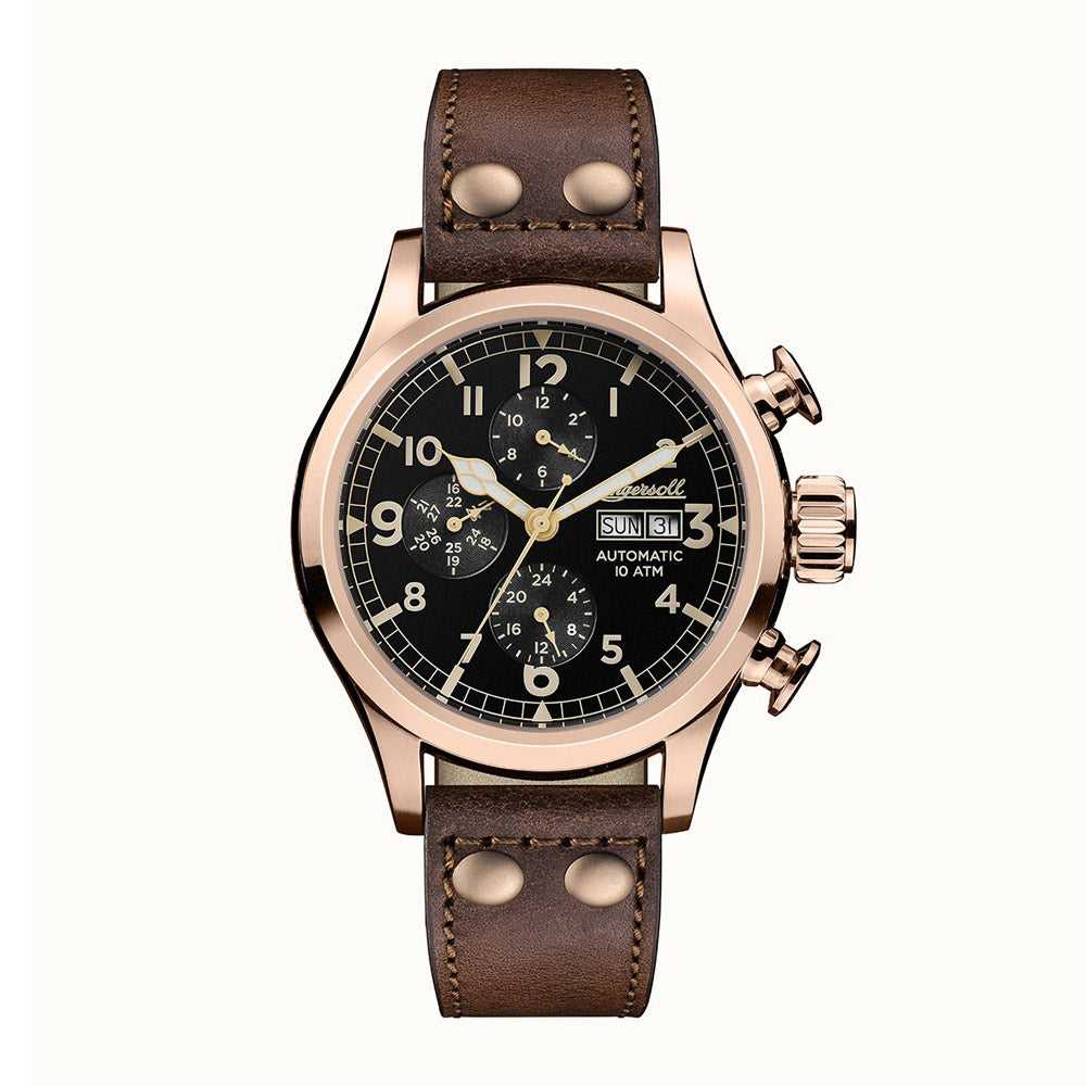 INGERSOLL THE ARMSTRONG AUTOMATIC ROSE GOLD STAINLESS STEEL I02201 BROWN LEATHER STRAP MEN'S WATCH - H2 Hub Watches