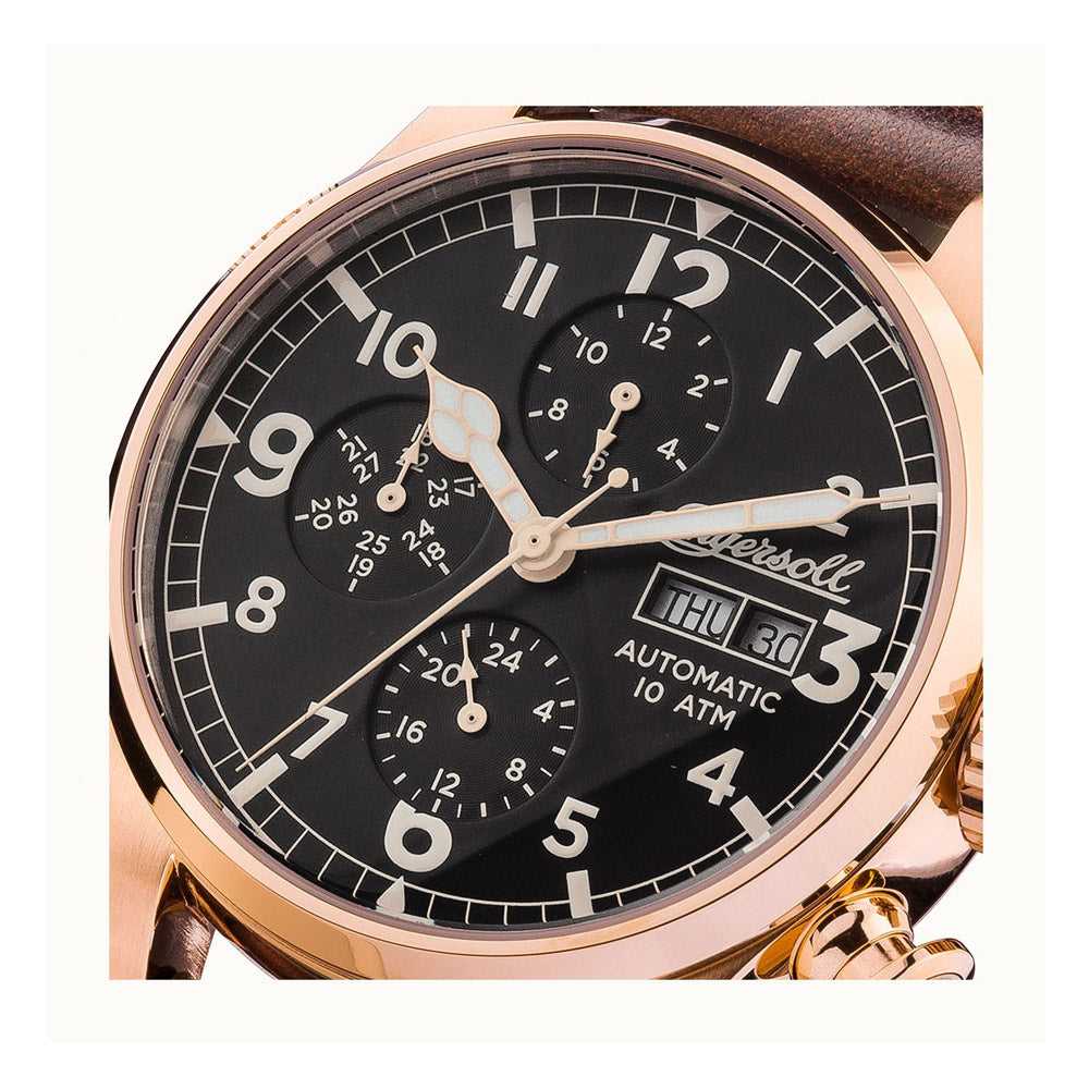 INGERSOLL THE ARMSTRONG AUTOMATIC ROSE GOLD STAINLESS STEEL I02201 BROWN LEATHER STRAP MEN'S WATCH - H2 Hub Watches