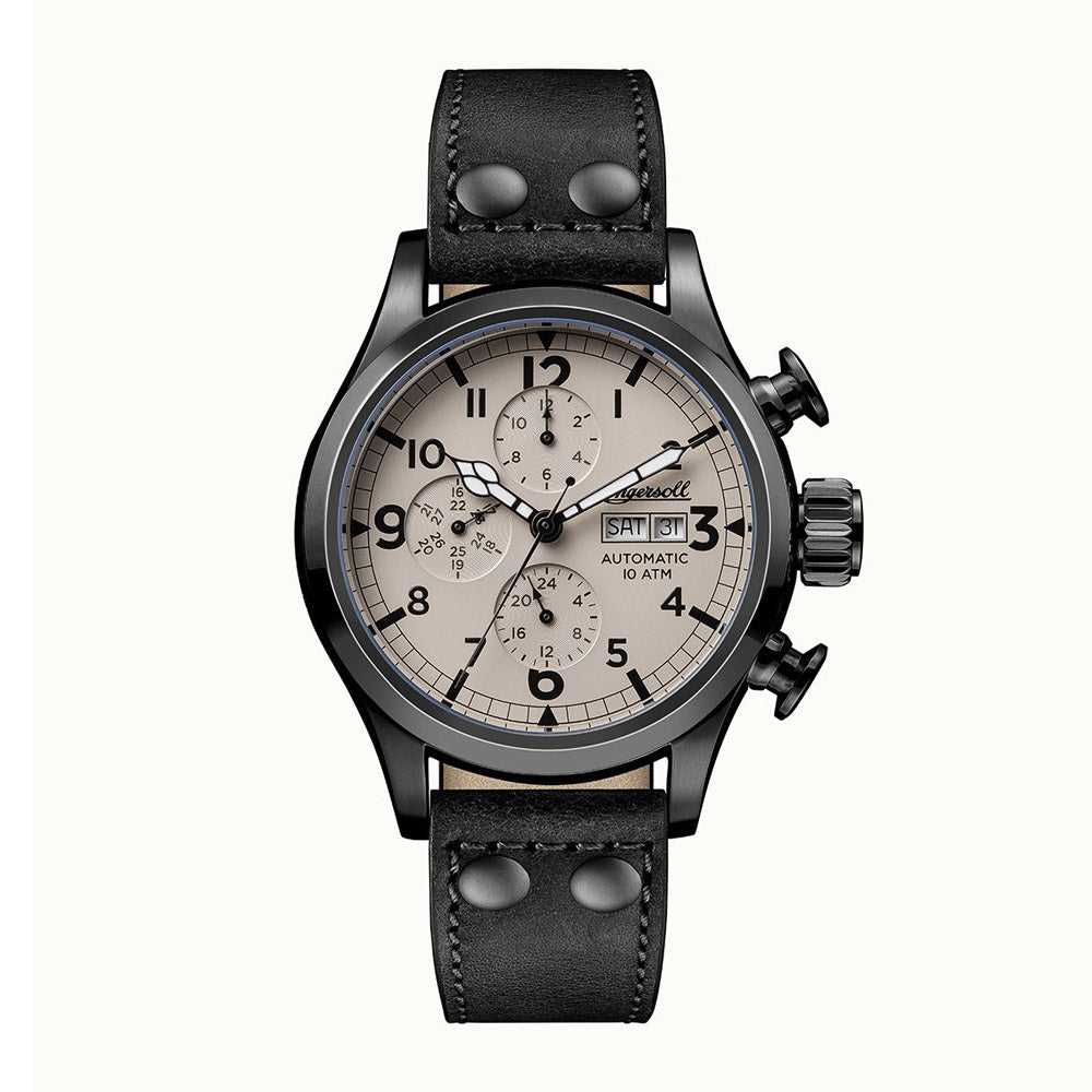 INGERSOLL THE ARMSTRONG AUTOMATIC GREY STAINLESS STEEL I02202 BLACK LEATHER STRAP MEN'S WATCH - H2 Hub Watches