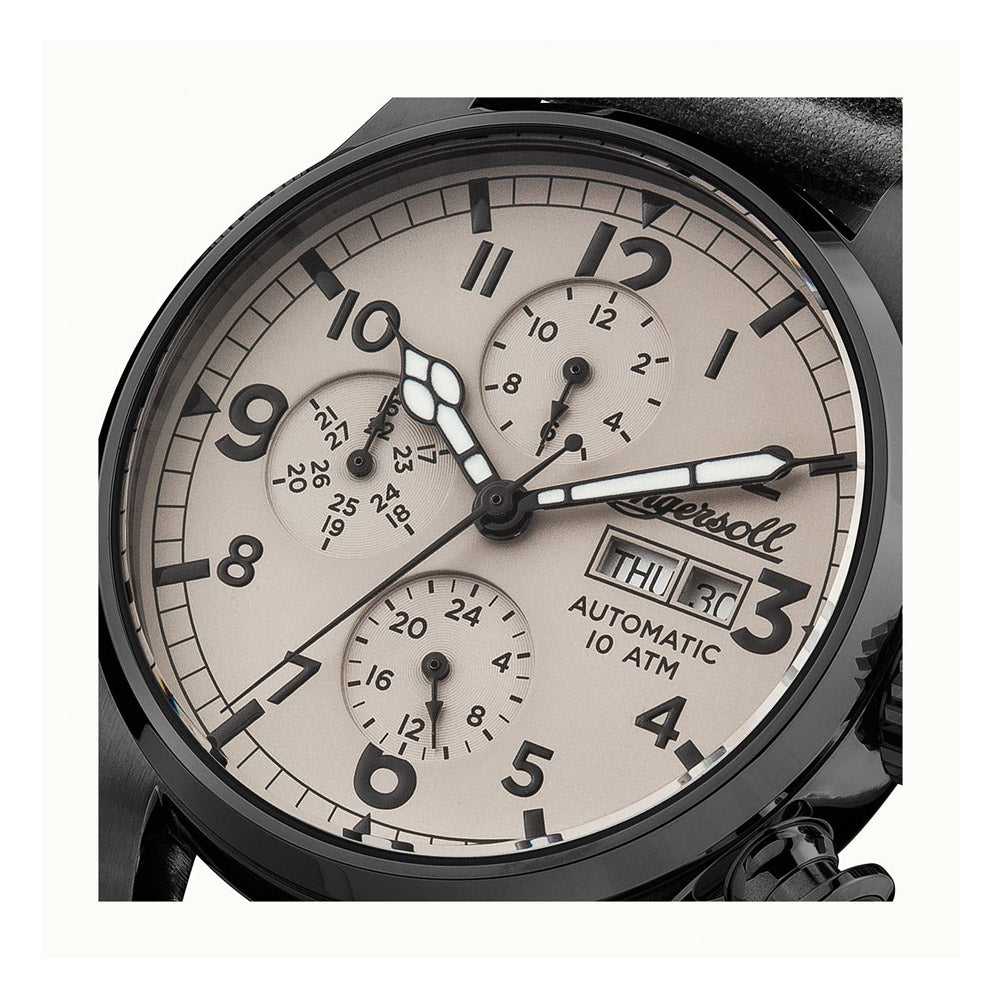 INGERSOLL THE ARMSTRONG AUTOMATIC GREY STAINLESS STEEL I02202 BLACK LEATHER STRAP MEN'S WATCH - H2 Hub Watches