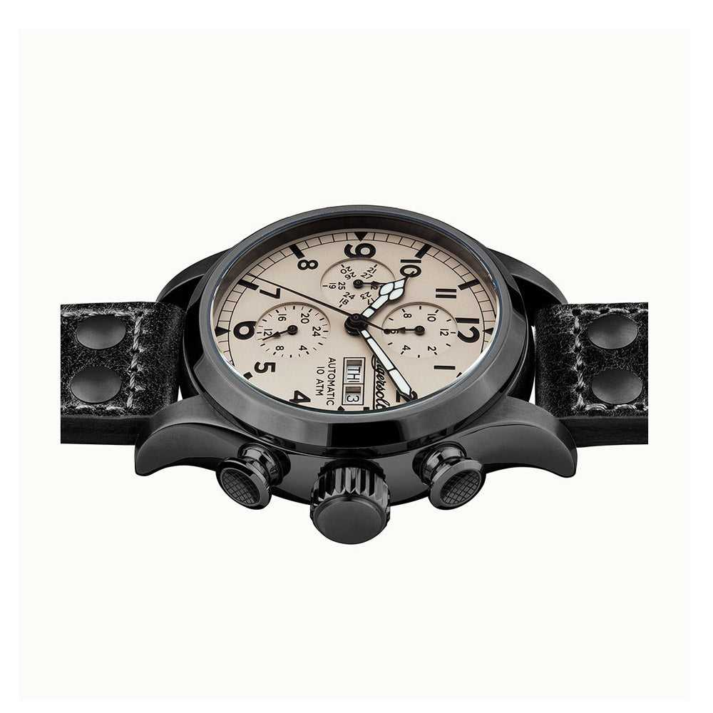 INGERSOLL THE ARMSTRONG AUTOMATIC GREY STAINLESS STEEL I02202 BLACK LEATHER STRAP MEN'S WATCH - H2 Hub Watches