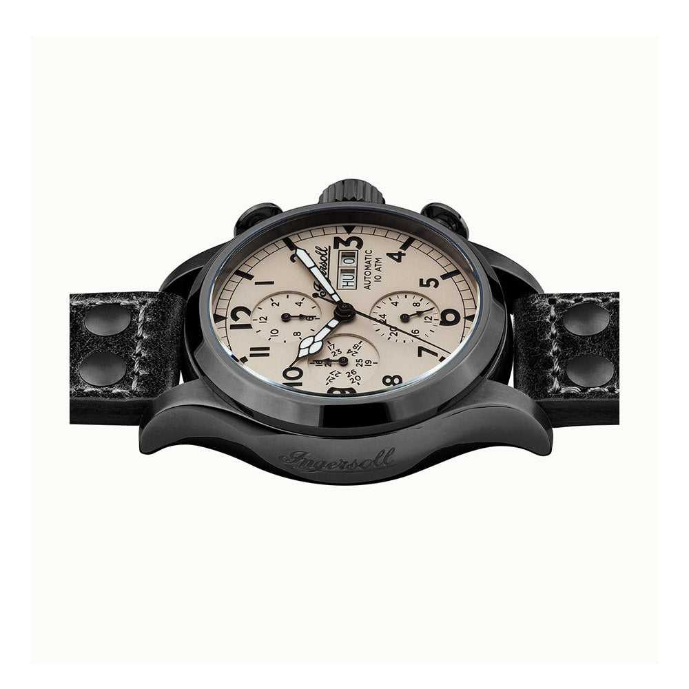 INGERSOLL THE ARMSTRONG AUTOMATIC GREY STAINLESS STEEL I02202 BLACK LEATHER STRAP MEN'S WATCH - H2 Hub Watches