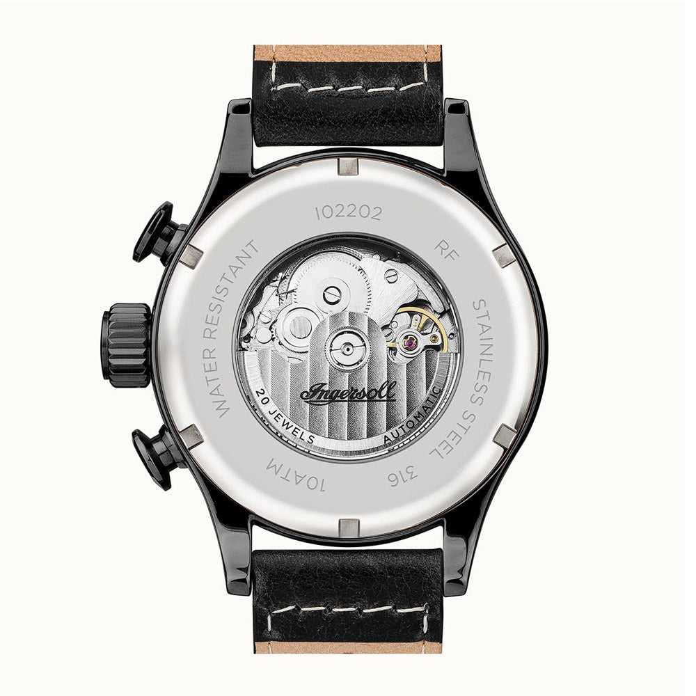 INGERSOLL THE ARMSTRONG AUTOMATIC GREY STAINLESS STEEL I02202 BLACK LEATHER STRAP MEN'S WATCH - H2 Hub Watches