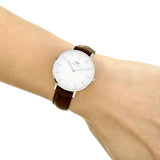 DANIEL WELLINGTON CLASSIC PETITE BRISTOL SILVER STAINLESS STEEL DW00100183 BROWN LEATHER STRAP WOMEN'S WATCH