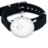 DANIEL WELLINGTON CLASSIC PETITE CORNWALL SILVER STAINLESS STEEL DW00100254 BLACK NATO STRAP WOMEN'S WATCH