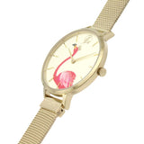 SARA MILLER GOLD STAINLESS STEEL MESH STRAP FLAMINGO DIAL WOMEN'S WATCH SA4056