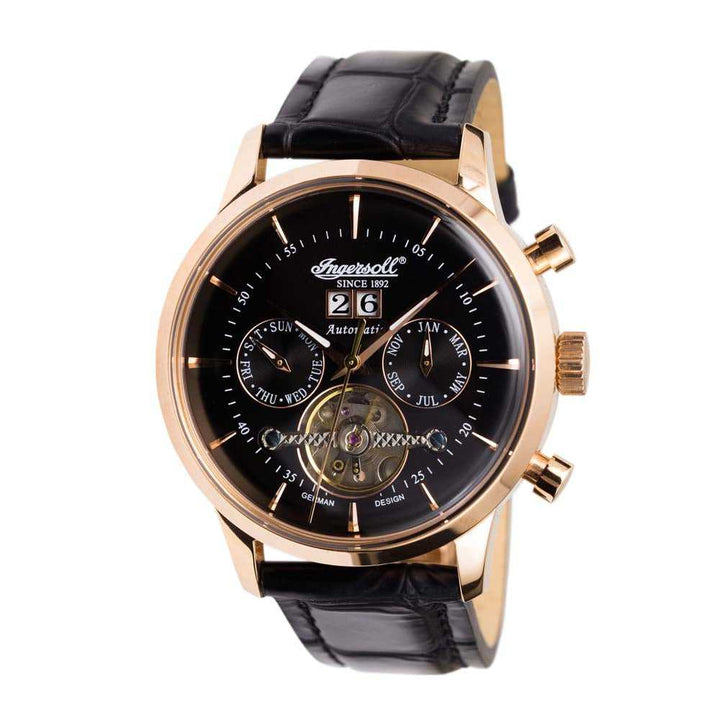 INGERSOLL KEARNY AUTOMATIC ROSE GOLD STAINLESS STEEL IN1709RBK BLACK LEATHER STRAP MEN'S WATCH - H2 Hub Watches
