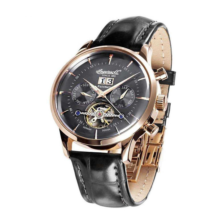 INGERSOLL KEARNY AUTOMATIC ROSE GOLD STAINLESS STEEL IN1709RBK BLACK LEATHER STRAP MEN'S WATCH - H2 Hub Watches