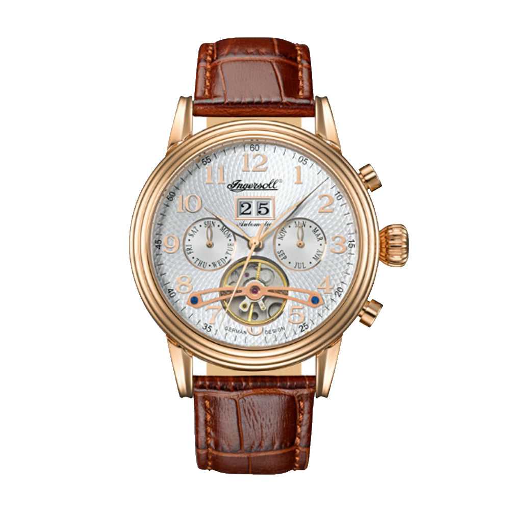INGERSOLL SAN JOSÉ AUTOMATIC ROSE GOLD STAINLESS STEEL IN2001RWH BROWN LEATHER STRAP MEN'S WATCH - H2 Hub Watches