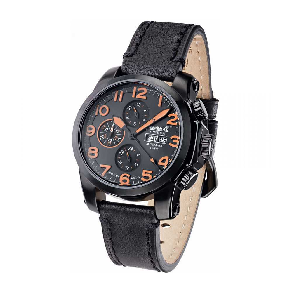 INGERSOLL POMO AUTOMATIC BLACK STAINLESS STEEL IN2301BBKO LEATHER STRAP MEN'S WATCH - H2 Hub Watches