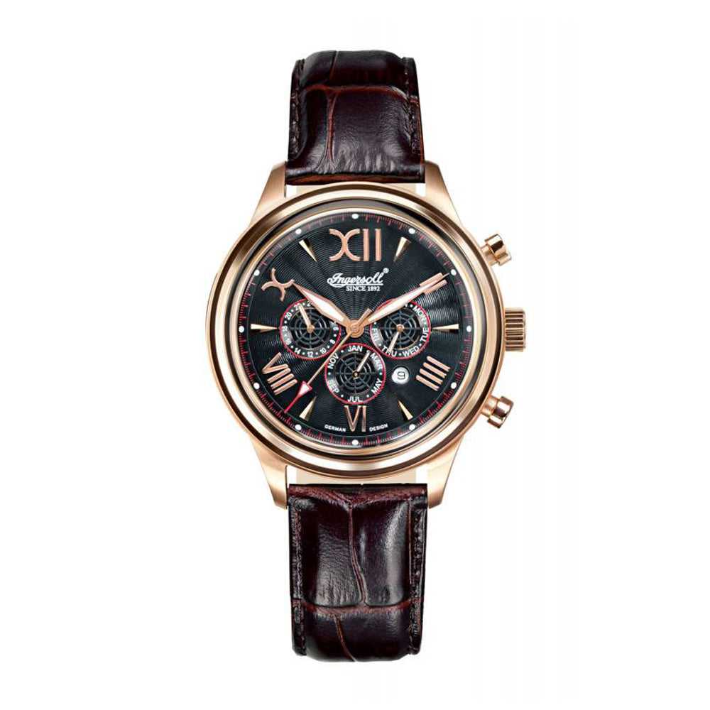 INGERSOLL HAIDA AUTOMATIC ROSE GOLD STAINLESS STEEL IN2810RBK BROWN LEATHER STRAP MEN'S WATCH - H2 Hub Watches