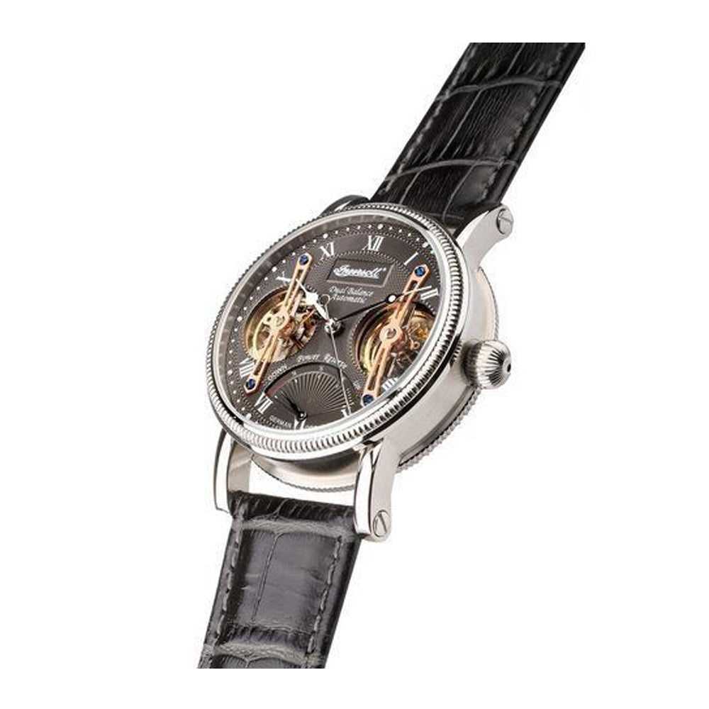 INGERSOLL LAVEL DUAL-BALANCE AUTOMATIC SILVER STAINLESS STEEL IN3109GY BLACK LEATHER STRAP MEN'S WATCH - H2 Hub Watches