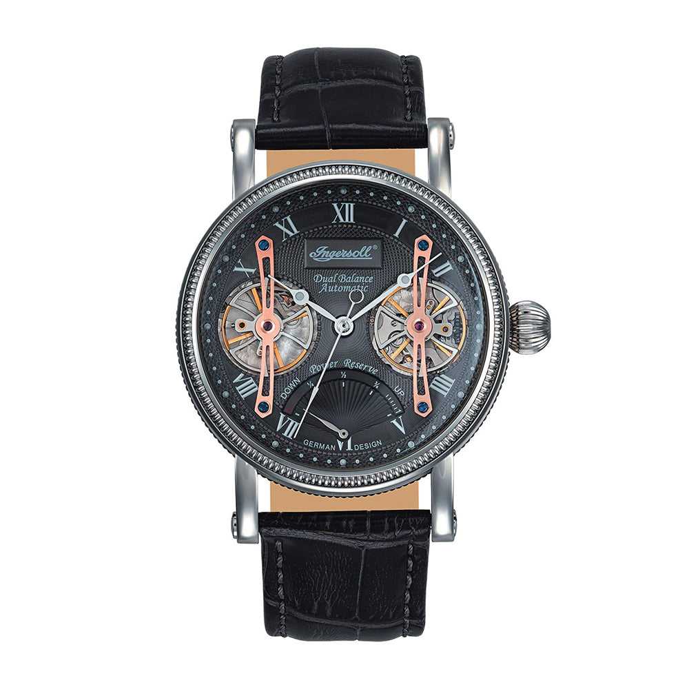 INGERSOLL LAVEL DUAL-BALANCE AUTOMATIC SILVER STAINLESS STEEL IN3109GY BLACK LEATHER STRAP MEN'S WATCH - H2 Hub Watches