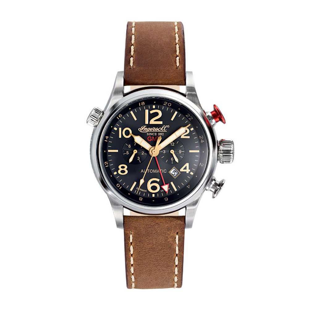 INGERSOLL LAWRENCE AUTOMATIC SILVER STAINLESS STEEL IN3218BK BROWN LEATHER STRAP MEN'S WATCH - H2 Hub Watches