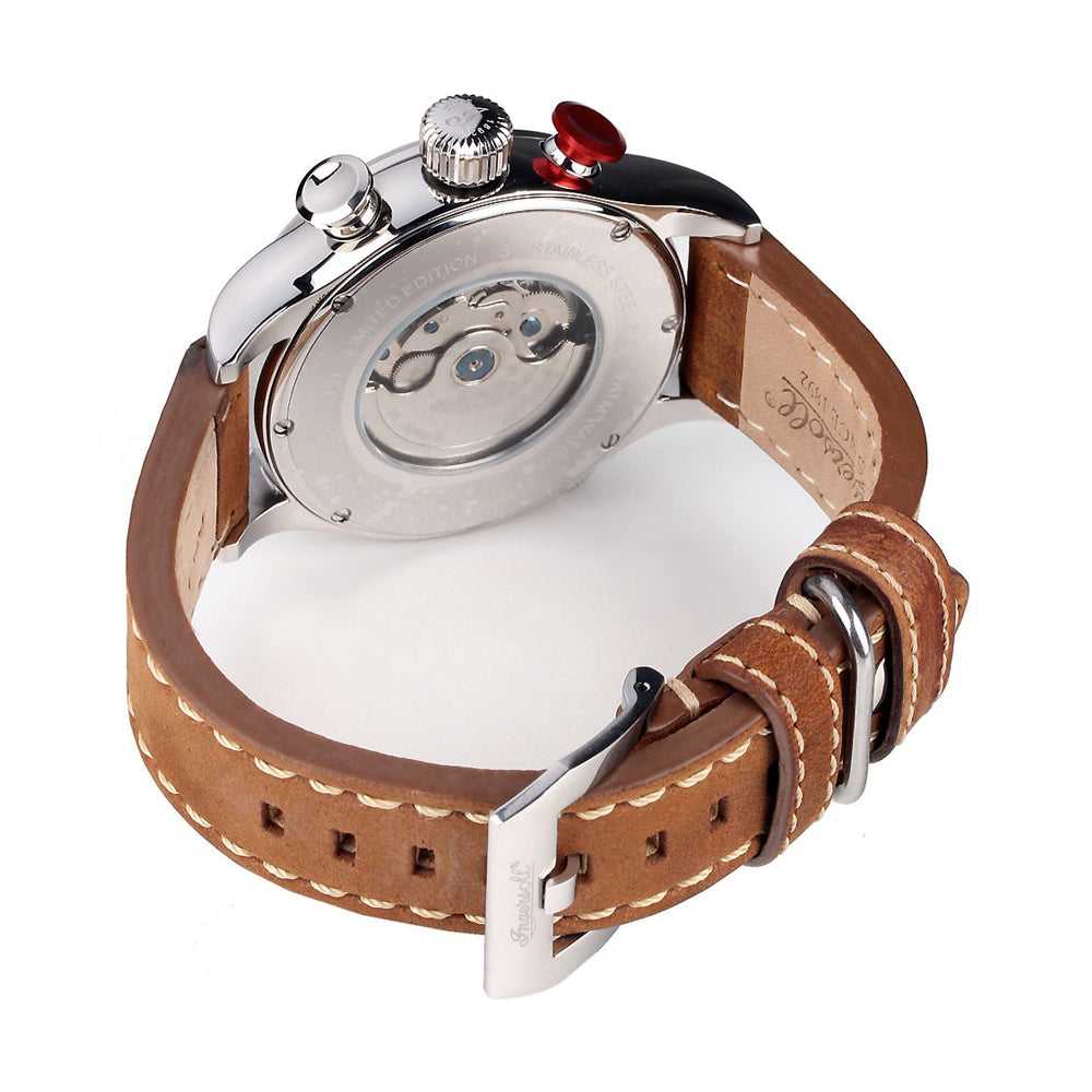 INGERSOLL LAWRENCE AUTOMATIC SILVER STAINLESS STEEL IN3218BK BROWN LEATHER STRAP MEN'S WATCH - H2 Hub Watches