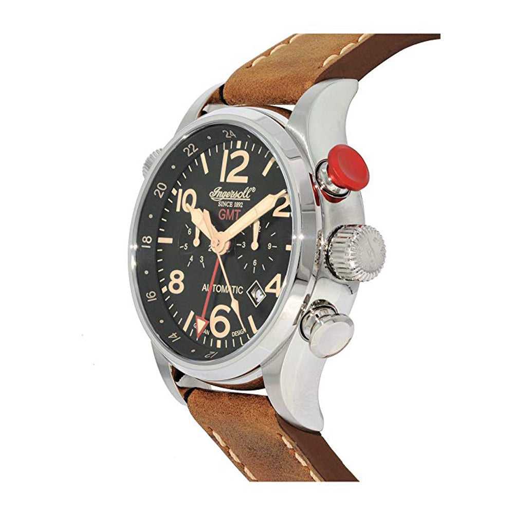 INGERSOLL LAWRENCE AUTOMATIC SILVER STAINLESS STEEL IN3218BK BROWN LEATHER STRAP MEN'S WATCH - H2 Hub Watches