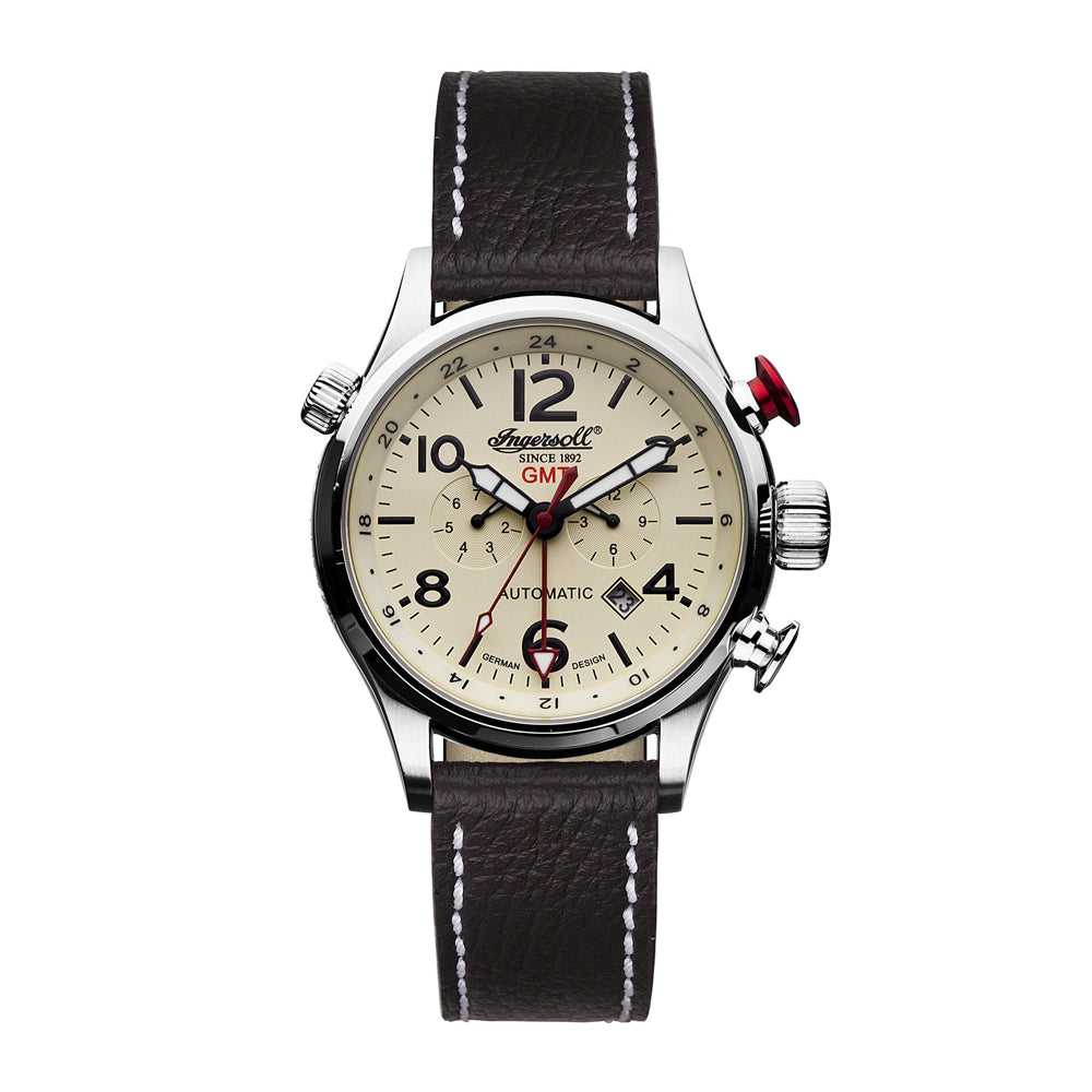 INGERSOLL LAWRENCE AUTOMATIC SILVER STAINLESS STEEL IN3218CR BLACK LEATHER STRAP MEN'S WATCH - H2 Hub Watches