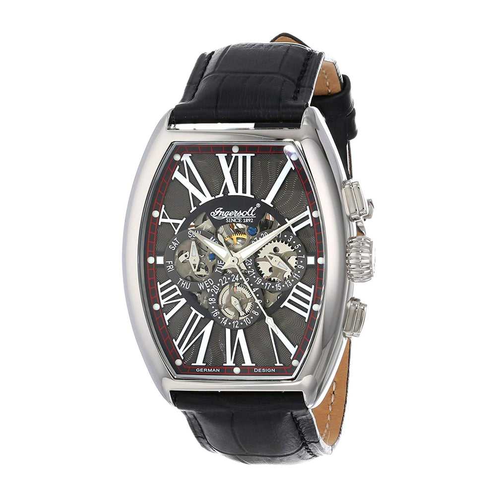 INGERSOLL ARAPAHO AUTOMATIC SILVER STAINLESS STEEL IN3606GY BLACK LEATHER STRAP MEN'S WATCH - H2 Hub Watches