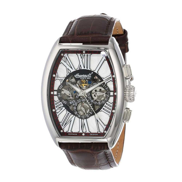 INGERSOLL ARAPAHO AUTOMATIC SILVER STAINLESS STEEL IN3606WH BROWN LEATHER STRAP MEN'S WATCH - H2 Hub Watches