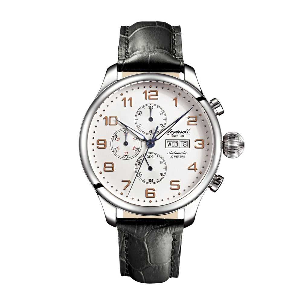 INGERSOLL APACHE AUTOMATIC SILVER STAINLESS STEEL IN3900SL BLACK LEATHER STRAP MEN'S WATCH - H2 Hub Watches