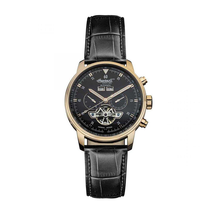 INGERSOLL OKIES AUTOMATIC GOLD STAINLESS STEEL IN4511RBK BLACK LEATHER STRAP MEN'S WATCH - H2 Hub Watches