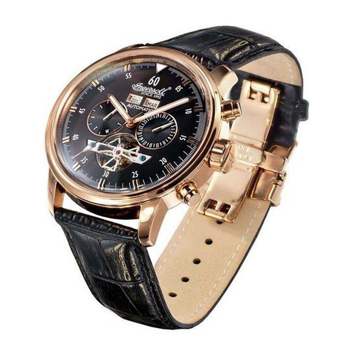 INGERSOLL OKIES AUTOMATIC GOLD STAINLESS STEEL IN4511RBK BLACK LEATHER STRAP MEN'S WATCH - H2 Hub Watches