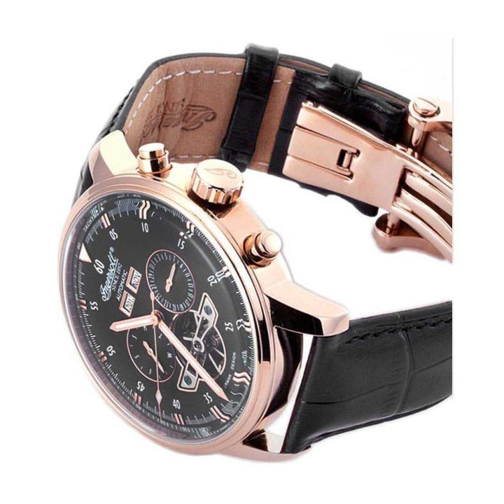 INGERSOLL OKIES AUTOMATIC GOLD STAINLESS STEEL IN4511RBK BLACK LEATHER STRAP MEN'S WATCH - H2 Hub Watches