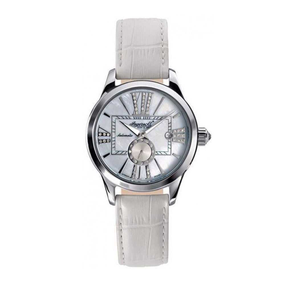 INGERSOLL DESTINY AUTOMATIC SILVER STAINLESS STEEL IN5007WH WHITE LEATHER STRAP LADIES' WATCH - H2 Hub Watches