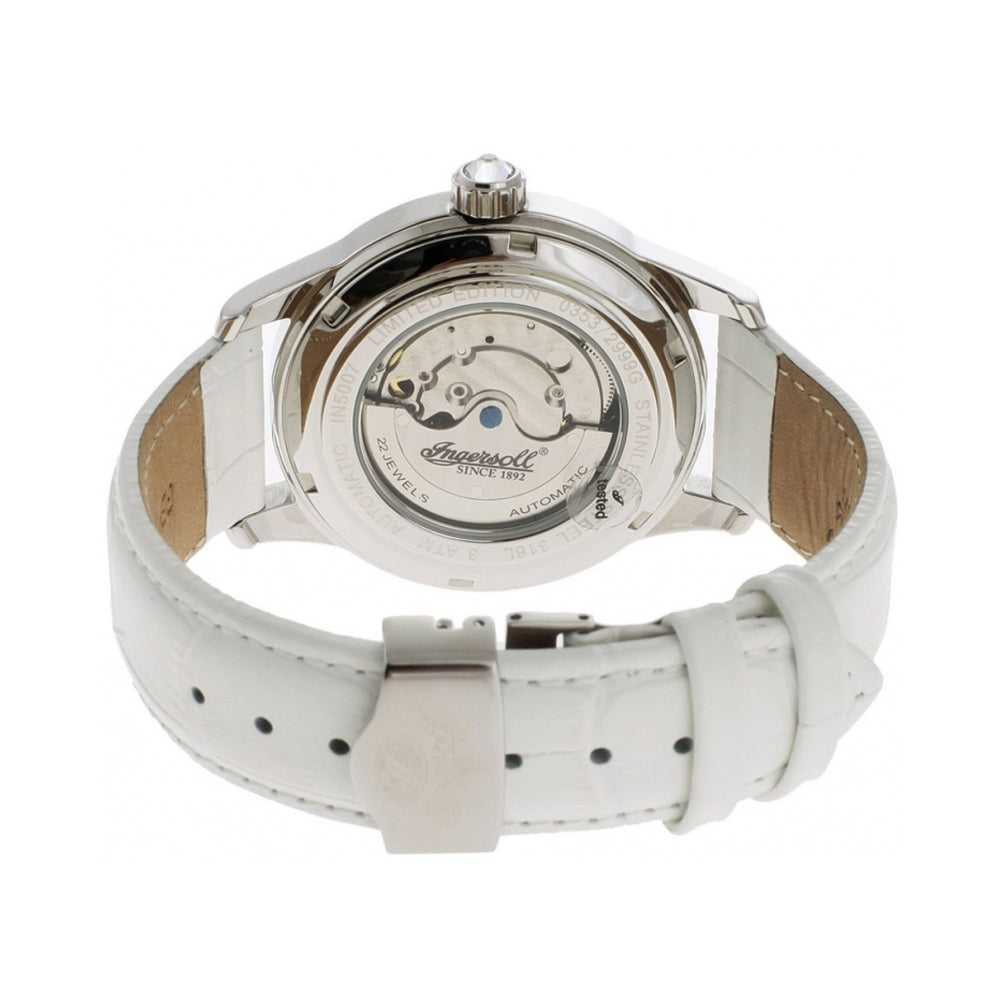 INGERSOLL DESTINY AUTOMATIC SILVER STAINLESS STEEL IN5007WH WHITE LEATHER STRAP LADIES' WATCH - H2 Hub Watches
