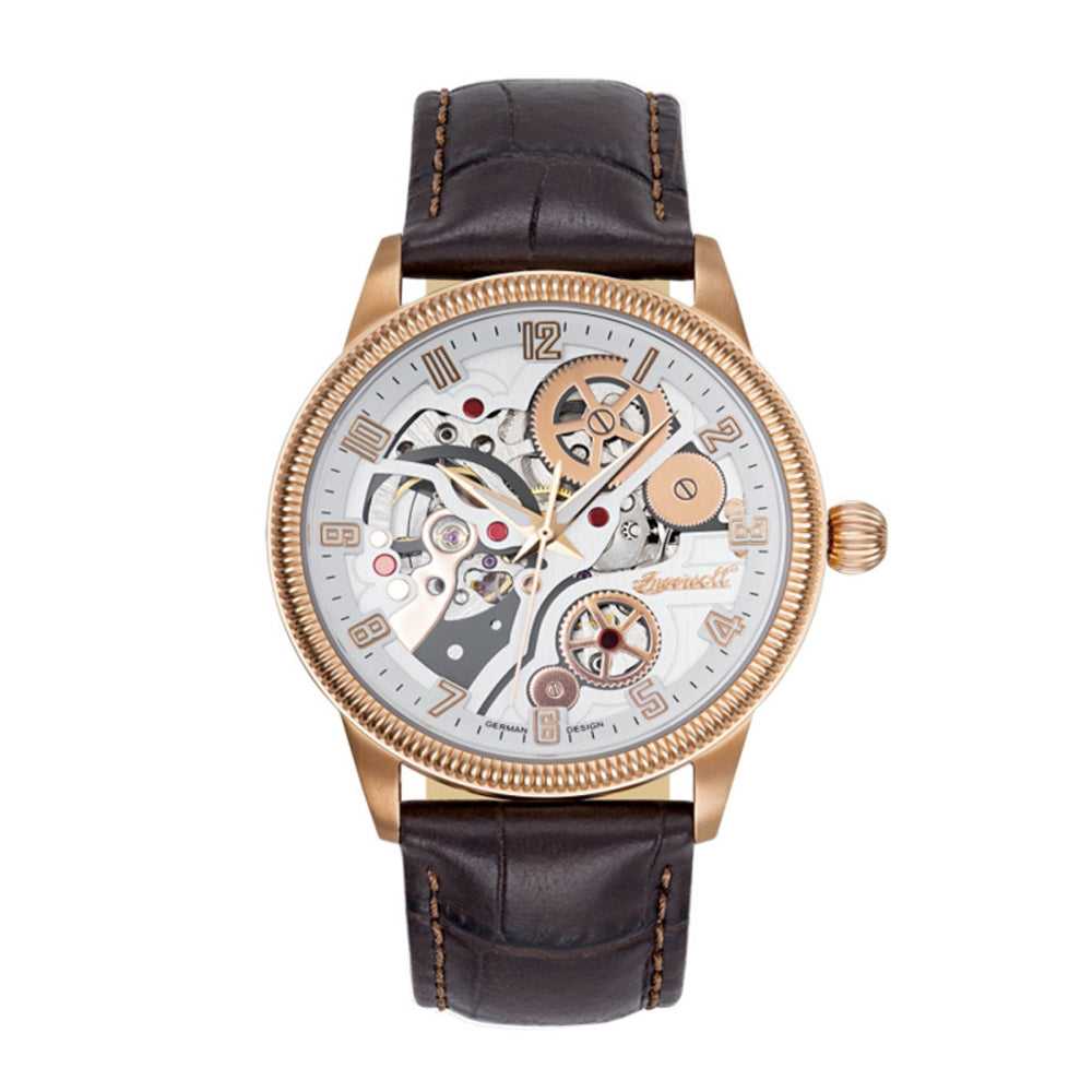 INGERSOLL BECKNALLS AUTOMATIC ROSE GOLD STAINLESS STEEL IN7220RWH BROWN LEATHER STRAP MEN'S WATCH - H2 Hub Watches