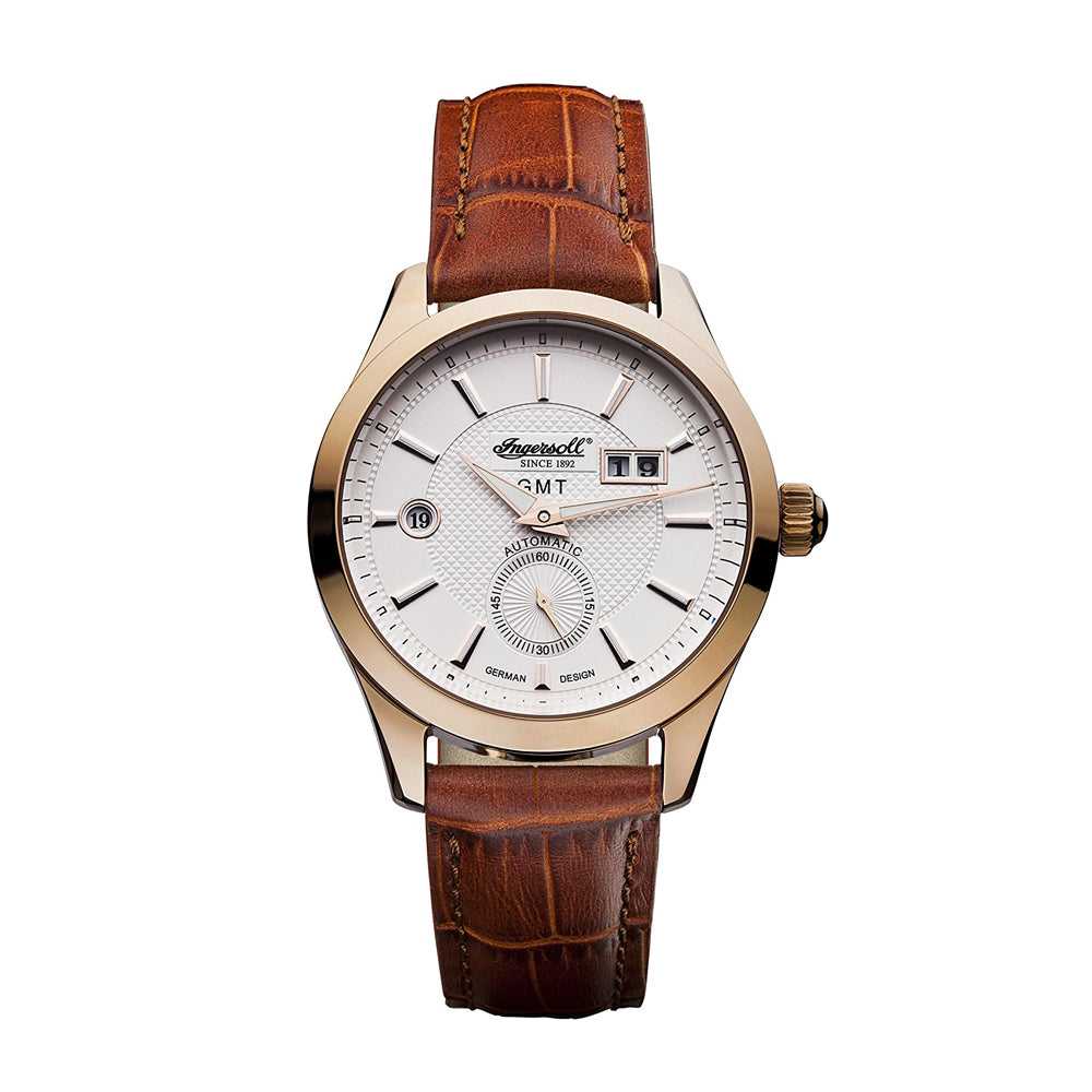 INGERSOLL HOPKINS AUTOMATIC GOLD STAINLESS STEEL IN8703RWH BROWN LEATHER STRAP MEN'S WATCH - H2 Hub Watches