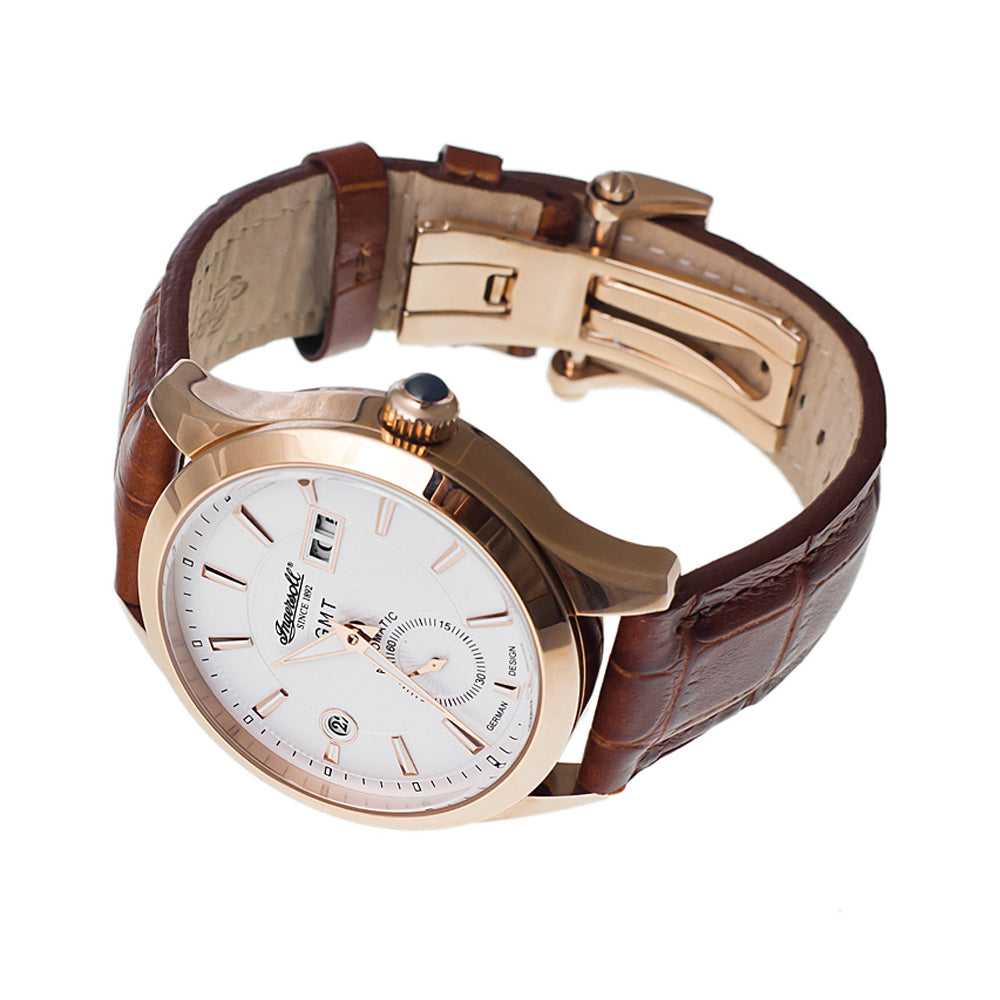 INGERSOLL HOPKINS AUTOMATIC GOLD STAINLESS STEEL IN8703RWH BROWN LEATHER STRAP MEN'S WATCH - H2 Hub Watches