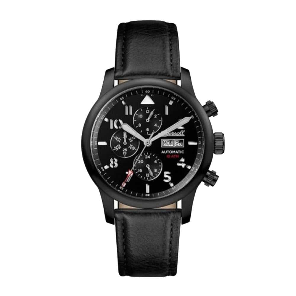 INGERSOLL HATTON AUTOMATIC BLACK STAINLESS STEEL IO1402 LEATHER STRAP MEN'S WATCH - H2 Hub Watches