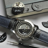 ARIES GOLD AUTOMATIC INFINUM EL TORO SILVER STAINLESS STEEL G 9005 S-S BLACK LEATHER STRAP MEN'S WATCH - H2 Hub Watches