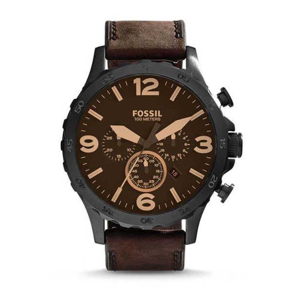 FOSSIL NATE CHRONOGRAPH BLACK STAINLESS STEEL JR1487 BROWN LEATHER STRAP MEN'S WATCH - H2 Hub Watches