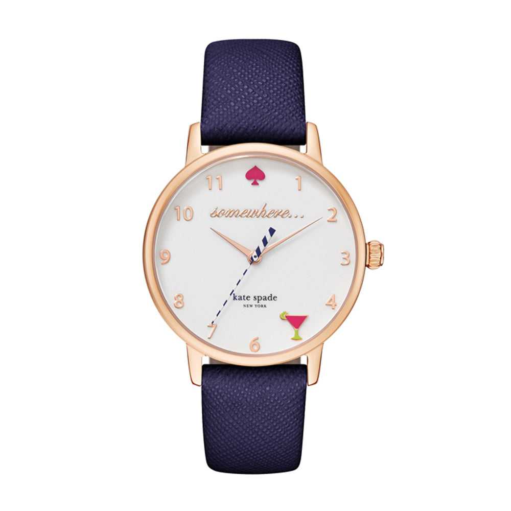 KATE SPADE QUARTZ NEW YORK 5 O'CLOCK METRO GOLD STAINLESS STEEL KSW1040 BLUE LEATHER STRAP WOMEN'S WATCH - H2 Hub Watches