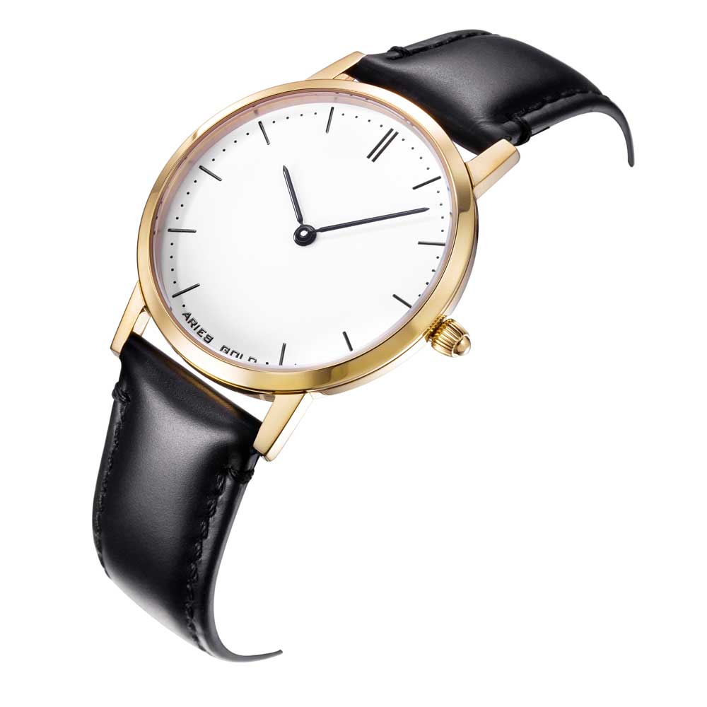 ARIES GOLD URBAN TANGO GOLD STAINLESS STEEL L 1008 G-W BLACK LEATHER STRAP WOMEN'S WATCH - H2 Hub Watches