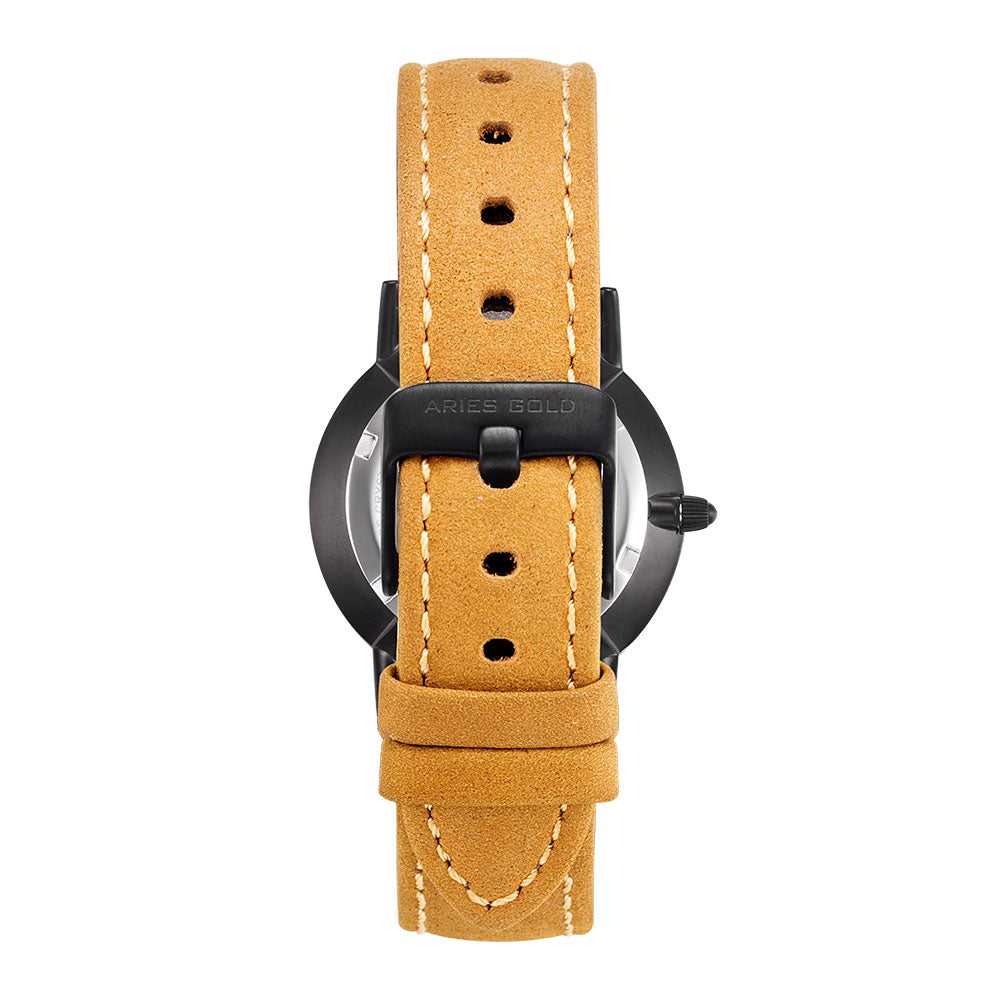 ARIES GOLD URBAN SANTOS BLACK STAINLESS STEEL L 1023 BK-BEI BROWN LEATHER STRAP WOMEN'S WATCH - H2 Hub Watches