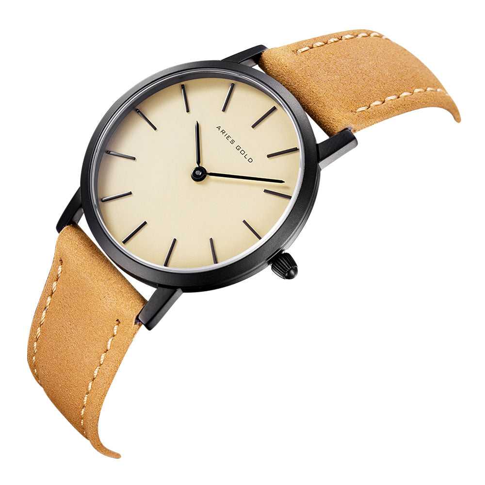 ARIES GOLD URBAN SANTOS BLACK STAINLESS STEEL L 1023 BK-BEI BROWN LEATHER STRAP WOMEN'S WATCH - H2 Hub Watches