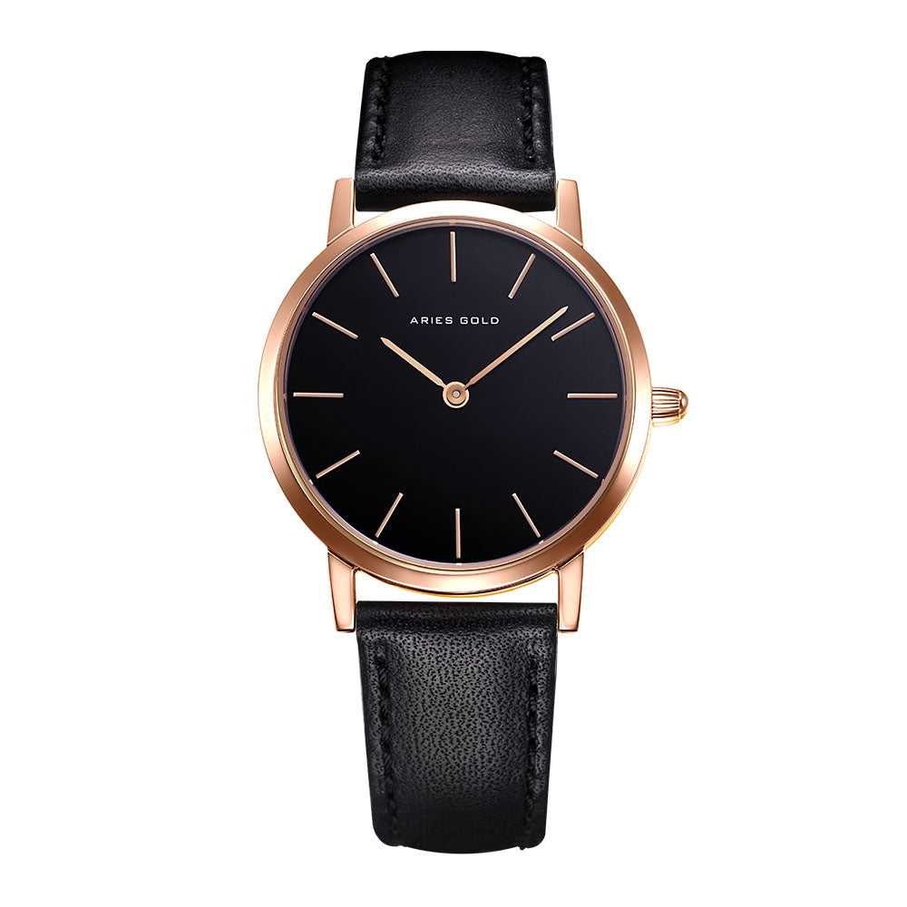 ARIES GOLD URBAN SANTOS ROSE GOLD STAINLESS STEEL L 1023 RG-BK BLACK LEATHER STRAP WOMEN'S WATCH - H2 Hub Watches