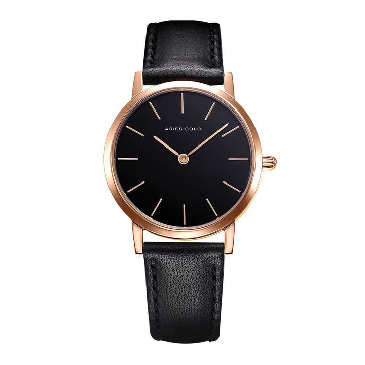 ARIES GOLD URBAN SANTOS ROSE GOLD STAINLESS STEEL L 1023 RG-BK BLACK LEATHER STRAP WOMEN'S WATCH - H2 Hub Watches