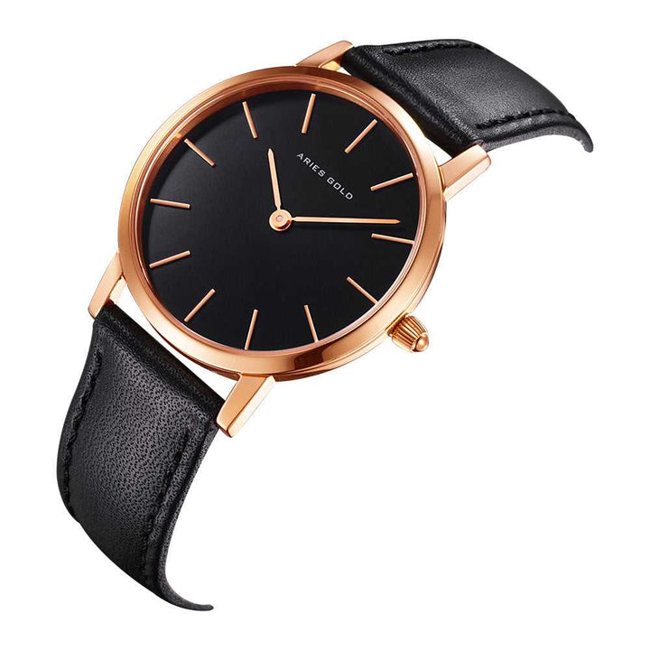 ARIES GOLD URBAN SANTOS ROSE GOLD STAINLESS STEEL L 1023 RG-BK BLACK LEATHER STRAP WOMEN'S WATCH - H2 Hub Watches