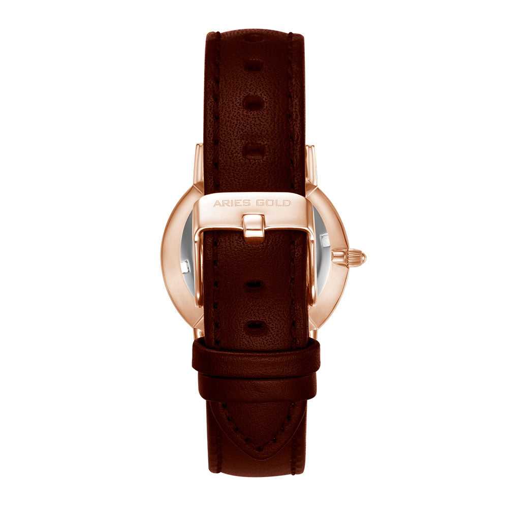 ARIES GOLD URBAN SANTOS ROSE GOLD STAINLESS STEEL L 1023 RG-W BROWN LEATHER STRAP WOMEN'S WATCH - H2 Hub Watches